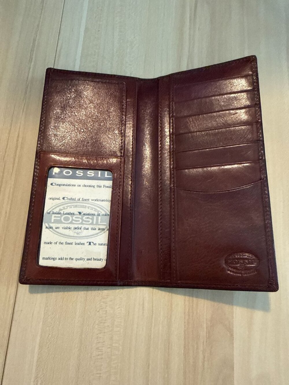 Vintage Fossil Secretary Bifold Wallet Full Grain Italian Leather Burgundy Box
